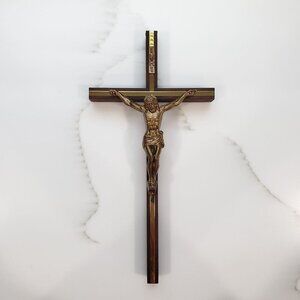 VTG Wood & Metal Brass? Crucifix Wall Hanging 10" x 5" in Box Christ Cross USA